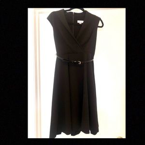 Calvin Klein black dress with belt, faux wrap top, a line skirt size 2P